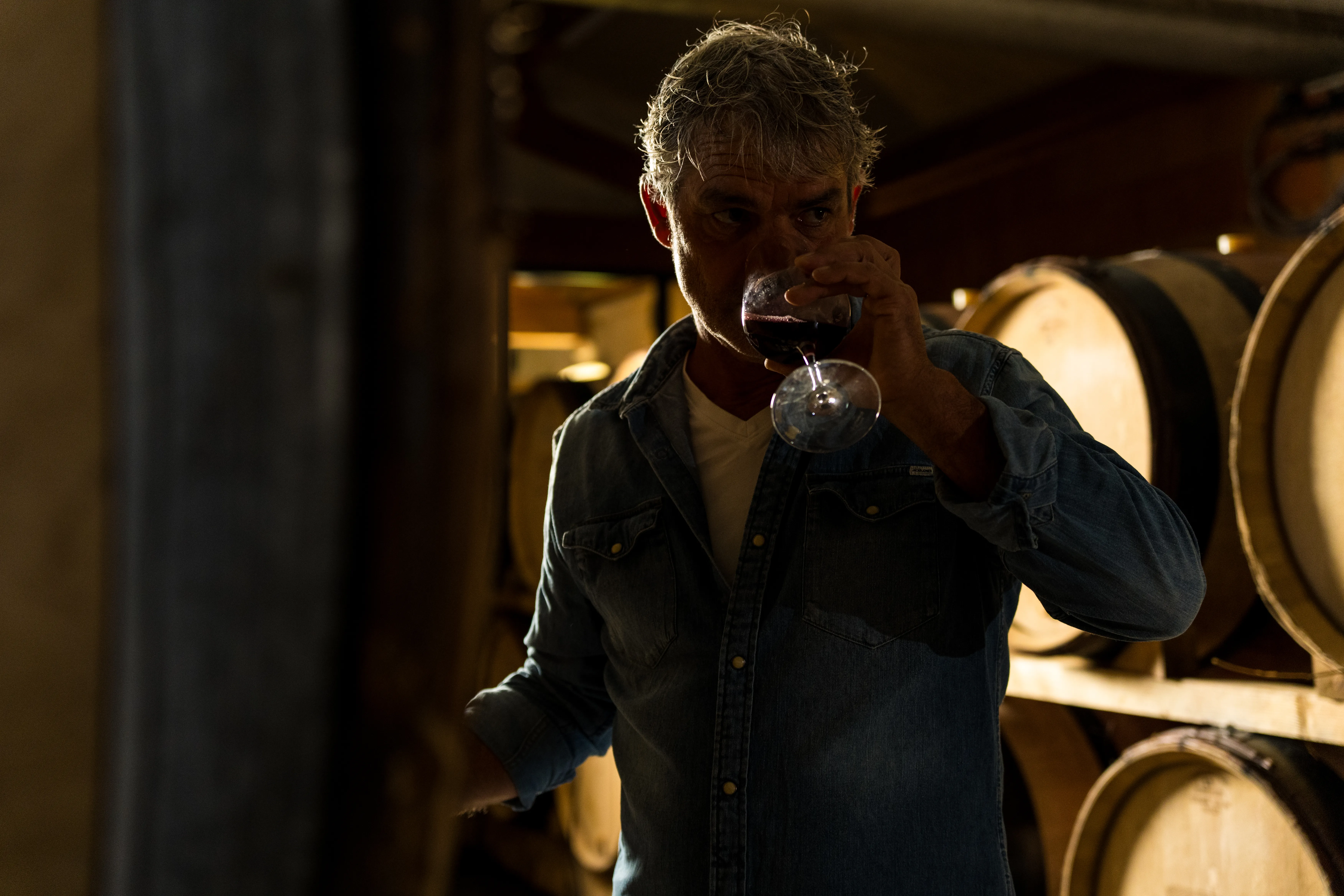 Dégustation en chai, vigneron au verre de rouge devant les barriques