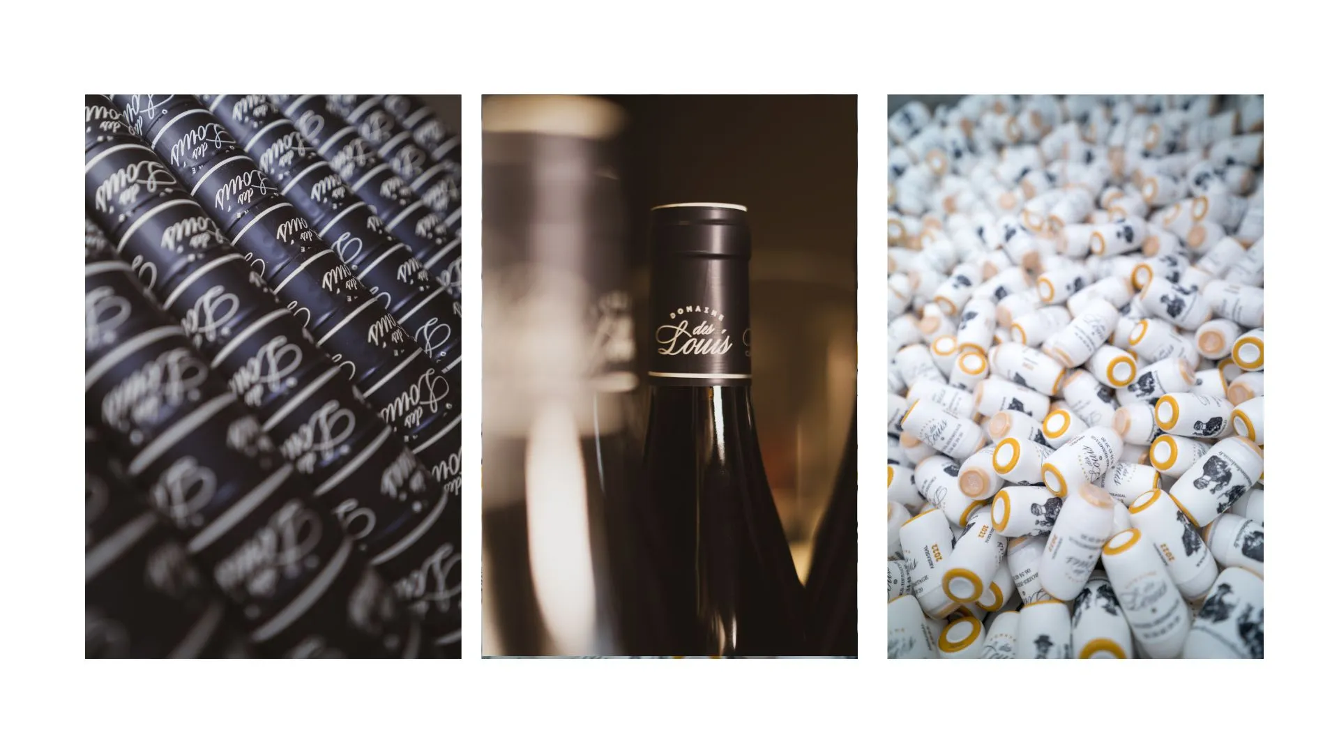 Détails d'habillage des bouteilles du Domaine des Louis, capsules et coiffes