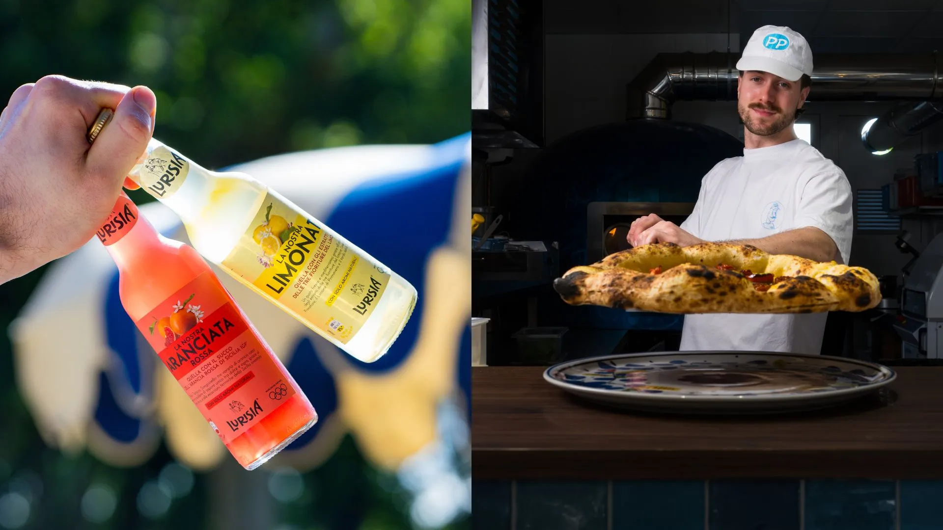 Limonades artisanales en terrasse et pizzaïolo présentant sa pizza devant le four