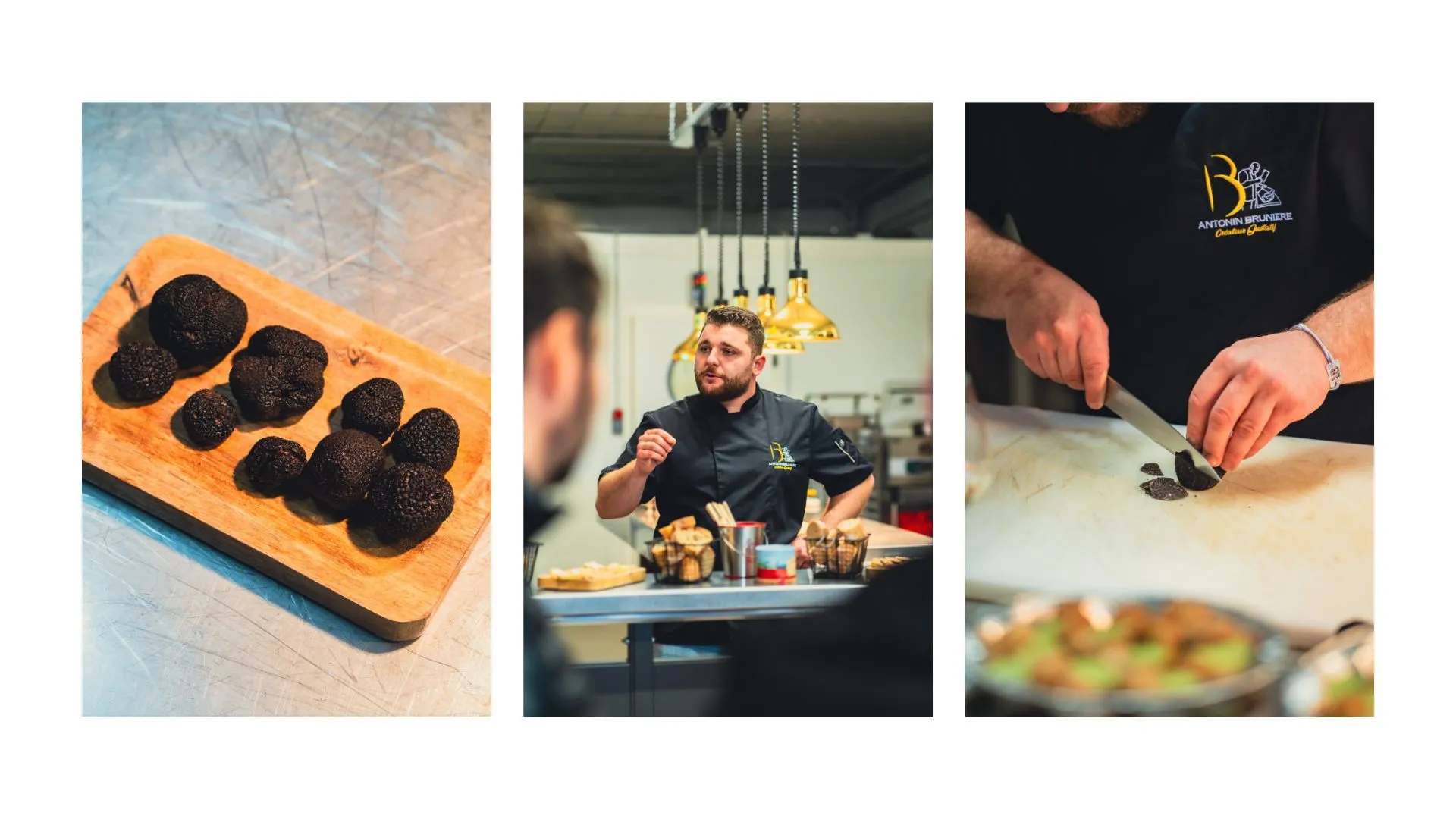 Truffes noires sur une planche, Antonin Brunière en cuisine et découpe de truffe
