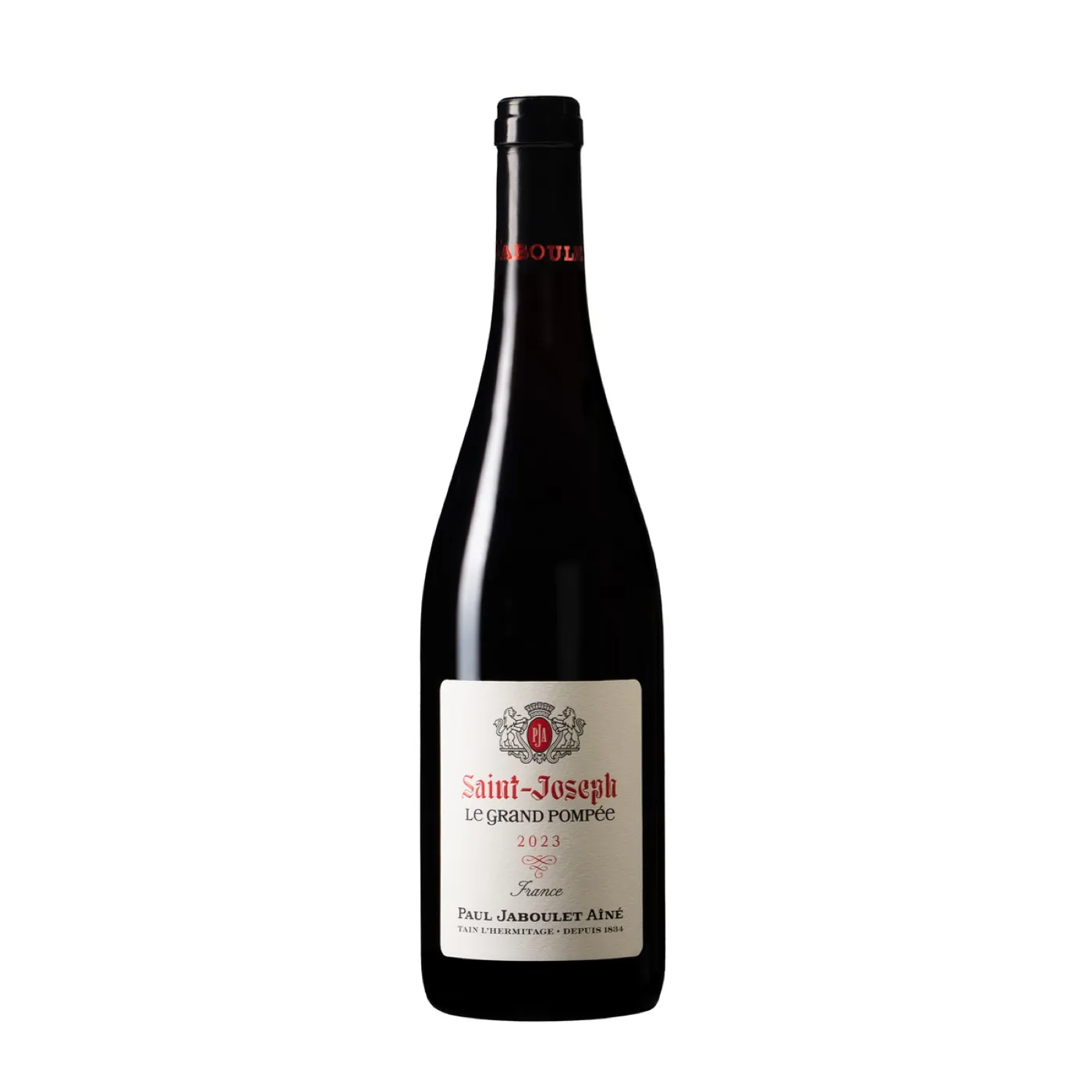 Packshot studio d'une bouteille de Saint-Joseph Paul Jaboulet Aîné sur fond blanc