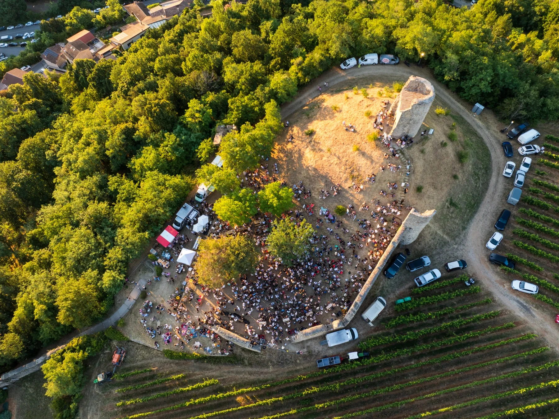 Vue aérienne à la verticale du site, foule entre les arbres et les remparts